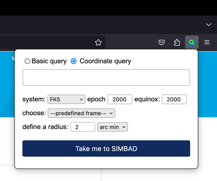 Search SIMBAD extension in Firefox screenshot