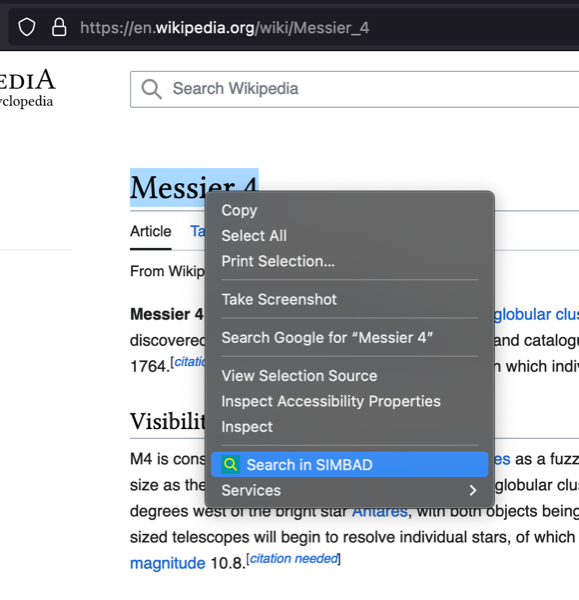 Search SIMBAD extension in Firefox screenshot